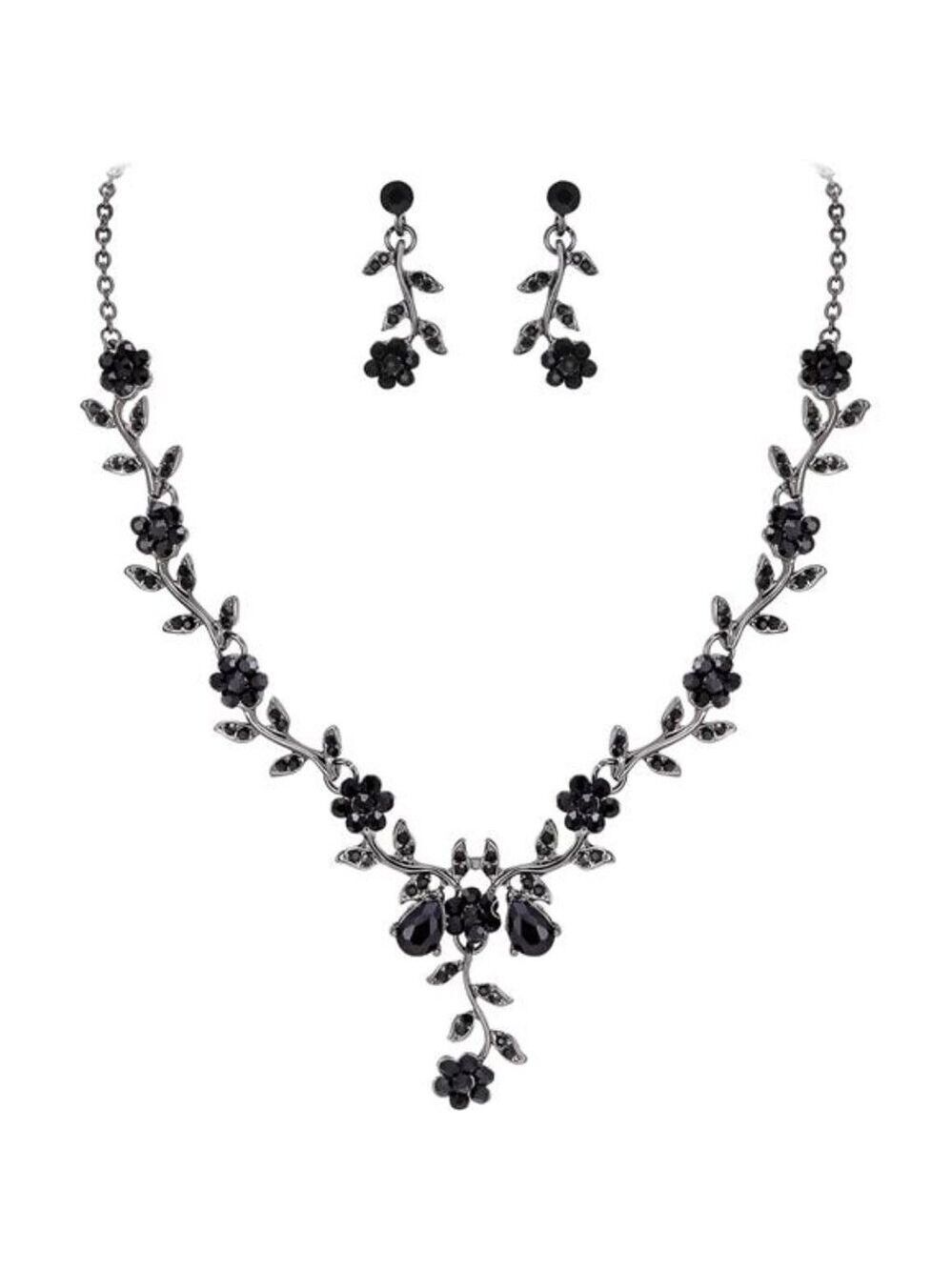 Bridal Wedding Jewelry Set Crystal Leaf Flower Dangle Earrings Pendant Necklace